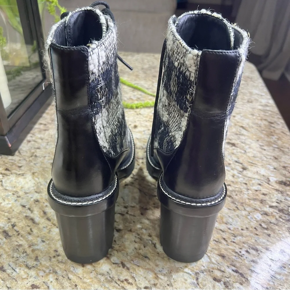 Tory Burch MILLER WOOL BLACK WHITE LUG SOLE BOOTS 10M